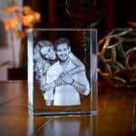 Elegant custom glass photo frame with engraved couple portrait for special occasions.
