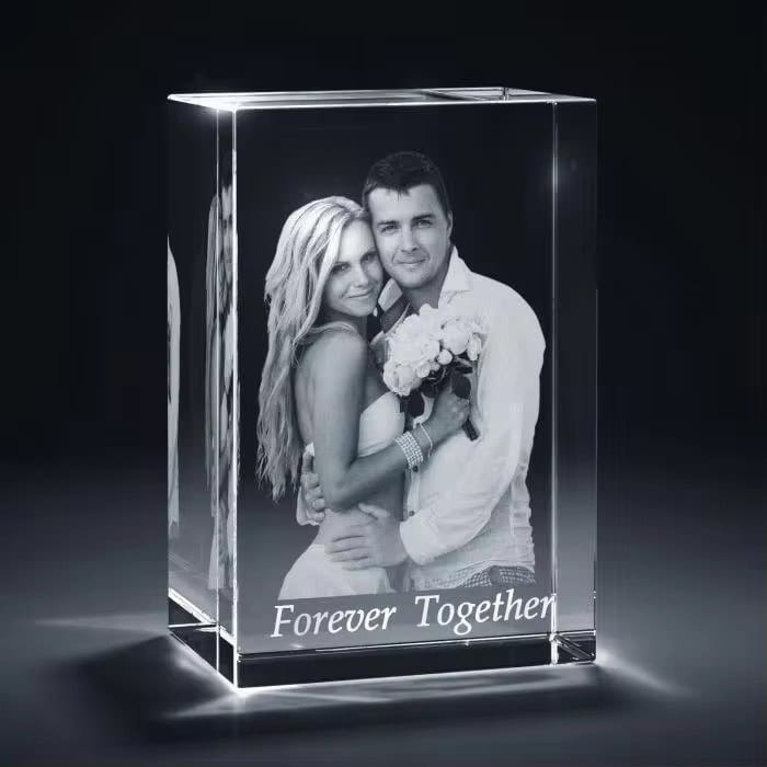 Crystal keepsake with engraved photo of a couple and "Forever Together" text.