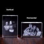 Custom 3D crystal photo blocks with vertical and horizontal options for personalized keepsakes.