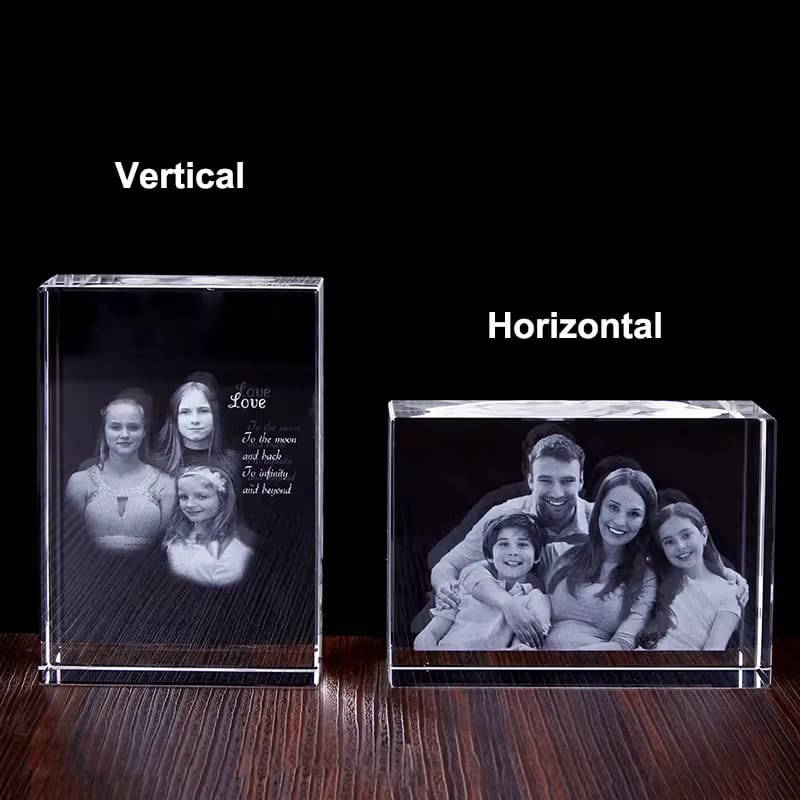 Custom 3D crystal photo blocks with vertical and horizontal options for personalized keepsakes.