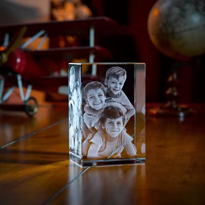 Custom 3D crystal photo block for memorable keepsakes.